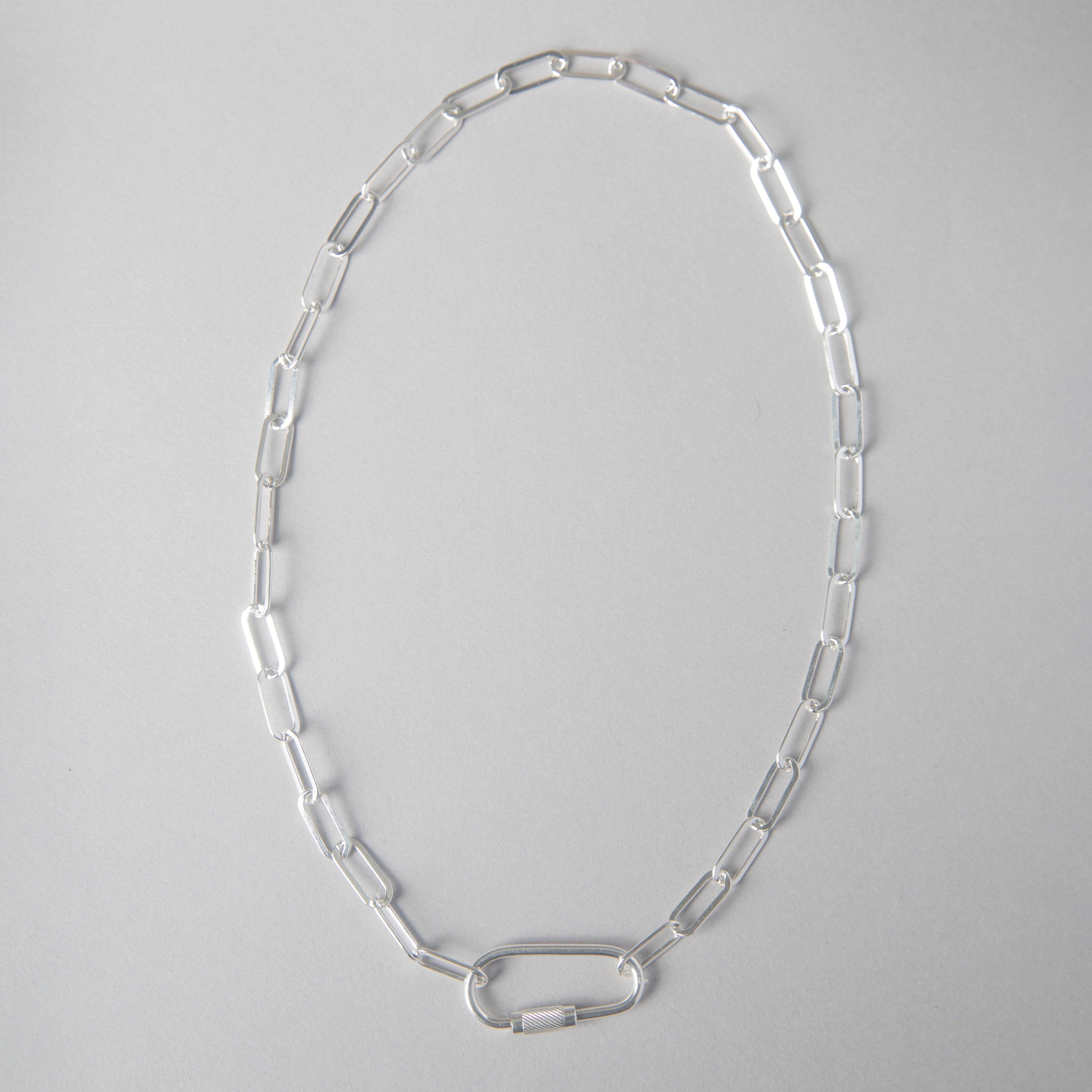 XL FLAT LINK PAPER CLIP STERLING CHAIN WITH CARABINER - bobbie carr